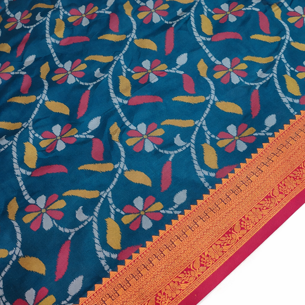 Classic Teal & Ruby Red Ikkat Woven Soft Silk Saree