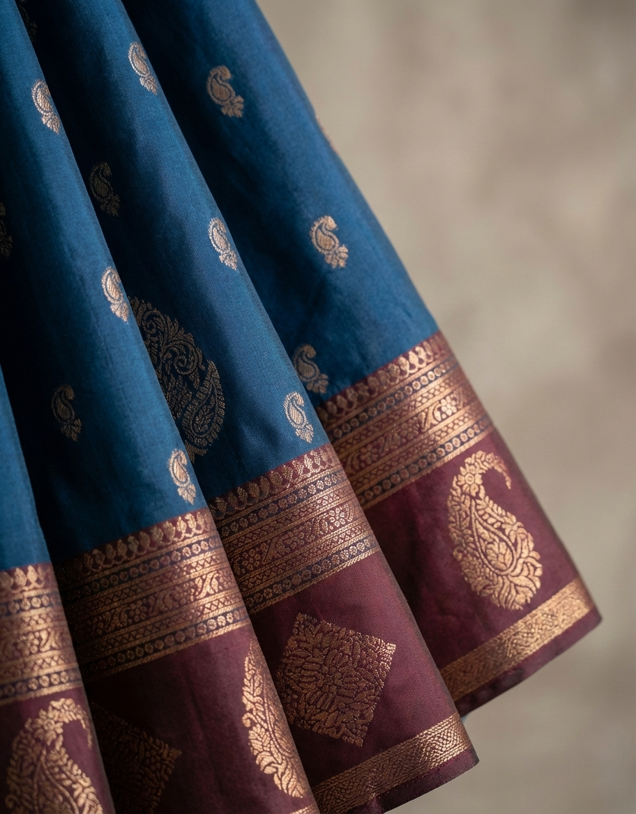 Teal Blue & Purple Resham Kanjivaram Silk Saree With Zari Work - No. AA2602