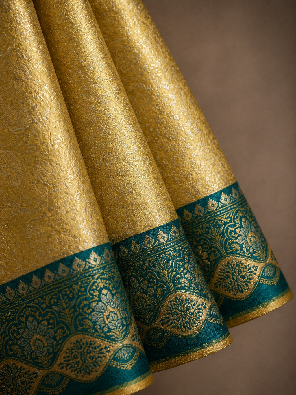 Golden Yellow Soft Silk Kanjivaram Saree with Teal Floral Vine Border