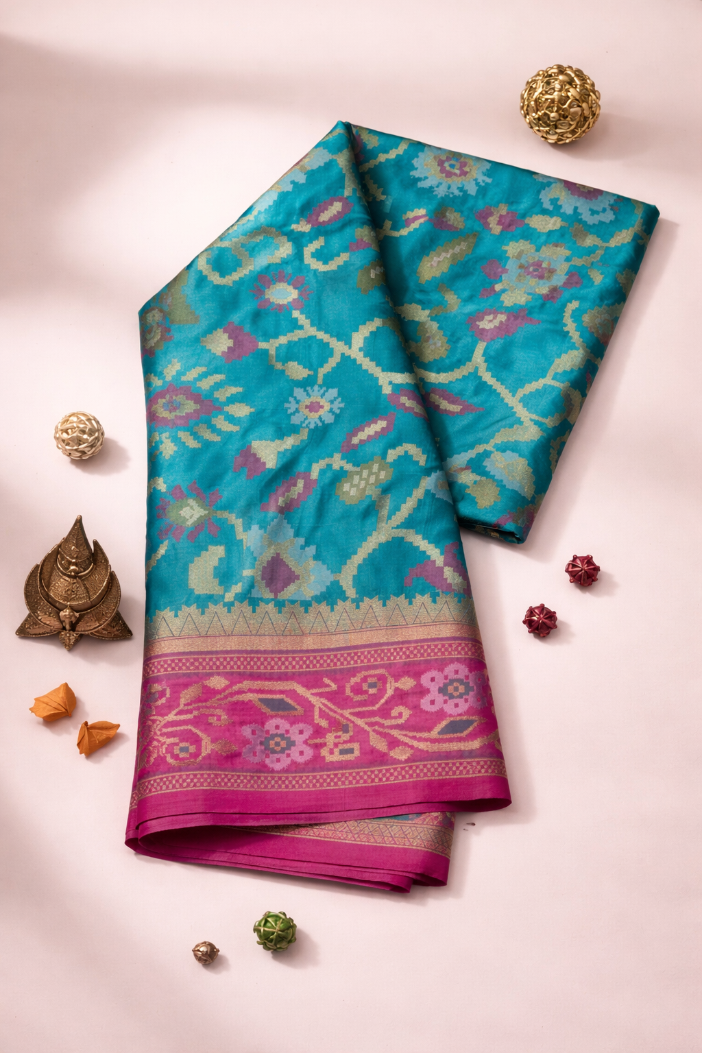 Teal Blue & Pink Border Pochampally Ikat Soft Silk Saree