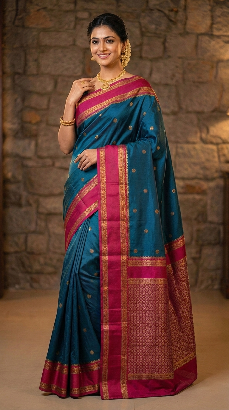 Deep Teal & Pink Narayan Peth Soft Silk Saree
