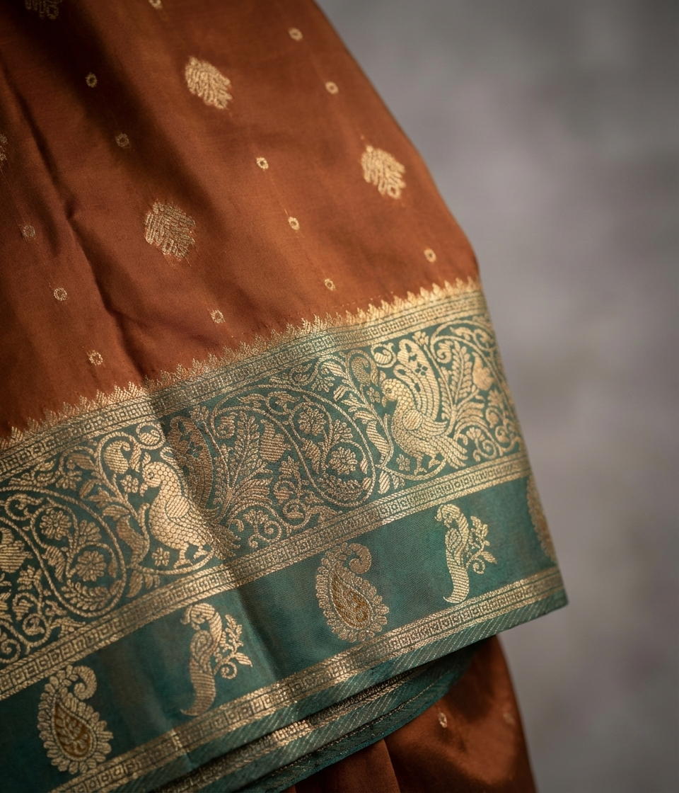 Graceful Rust Orange Resham Silk Saree with Sea Green Zari Border