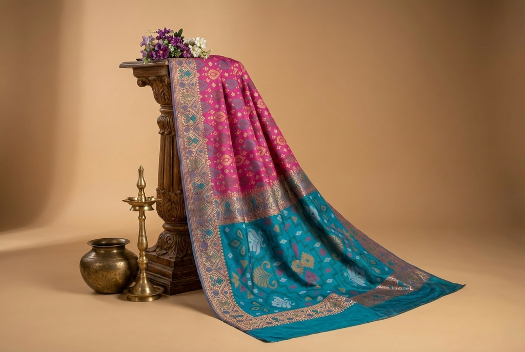 Rani Pink & Teal Pochampally Ikkat Silk Saree