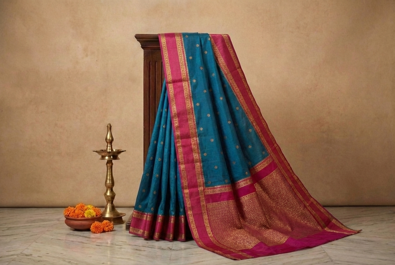Deep Teal & Pink Narayan Peth Soft Silk Saree