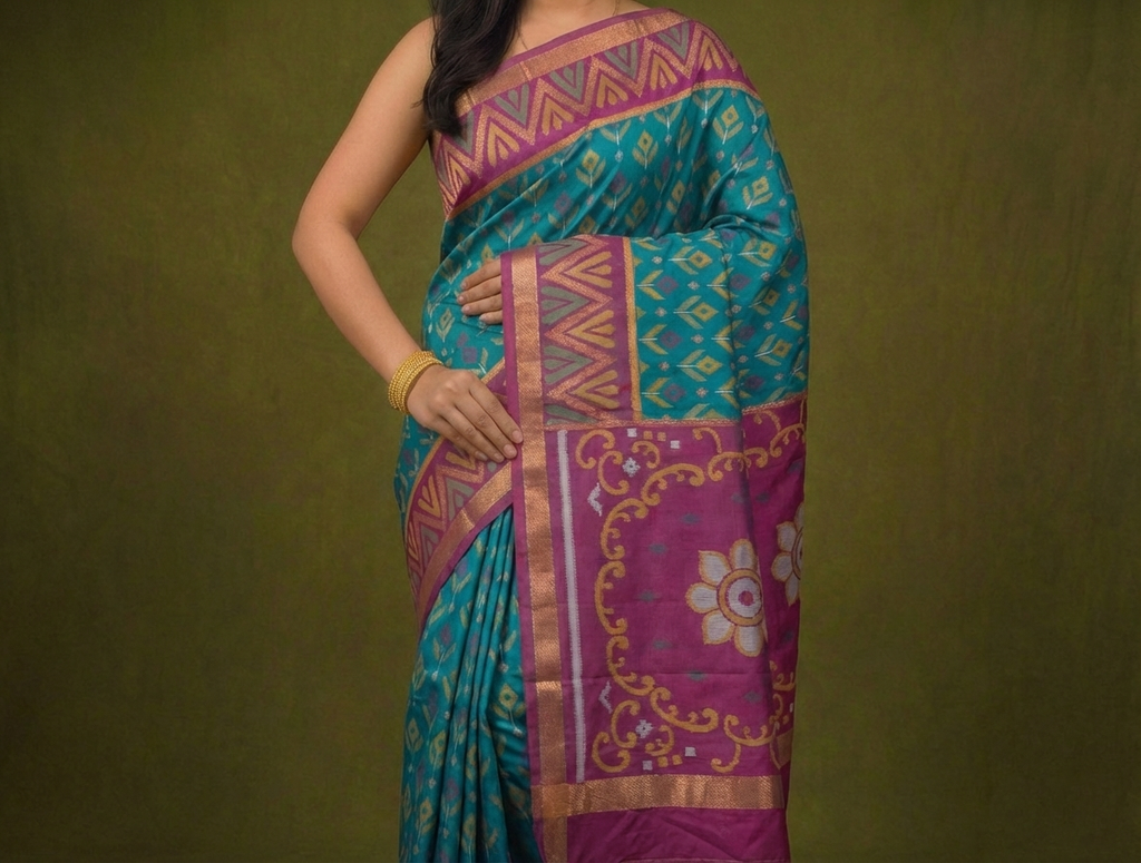PIK-007 – Turquoise Blue & Purple Pochampally Ikkat Silk Saree