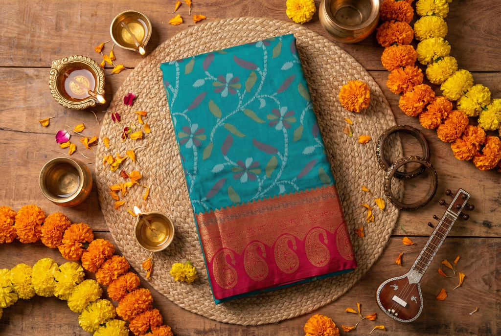 Emerald Green & Red Ikkat Woven Soft Silk Saree