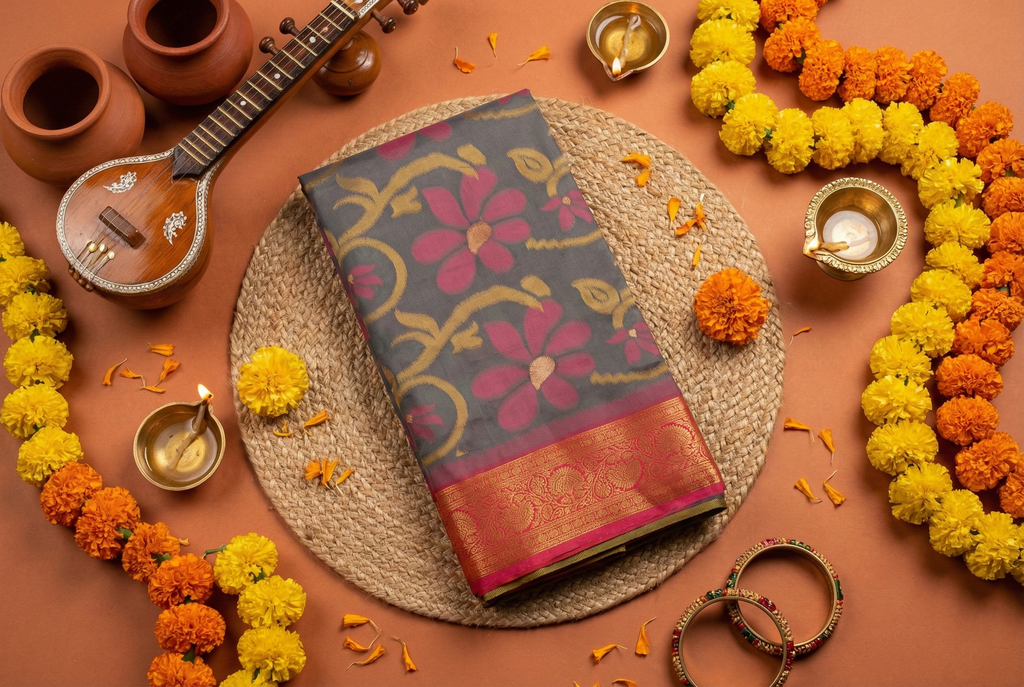PI 04 Smoky Grey & Red Zari Floral Silk Saree