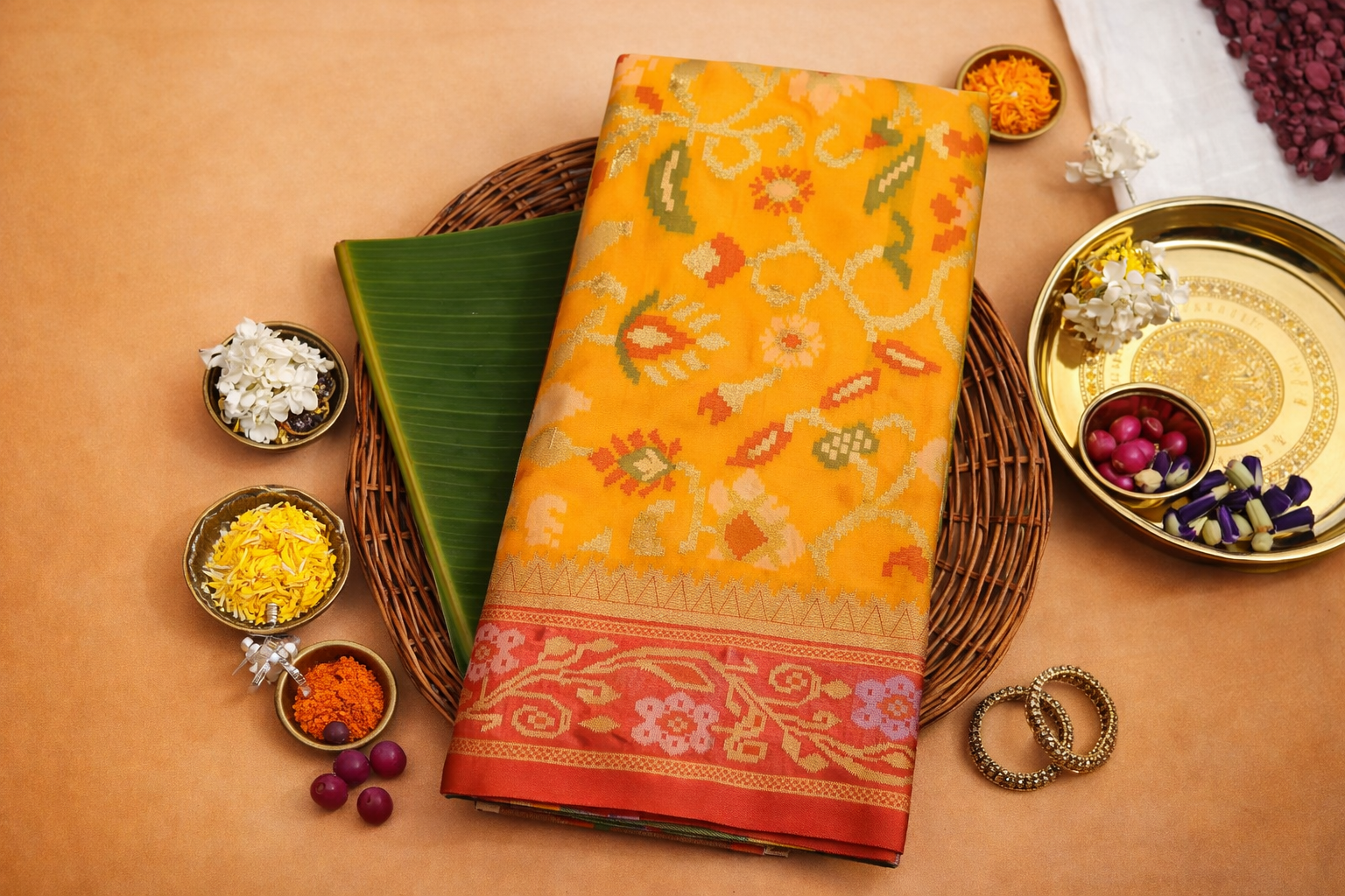 Mustard Yellow & Red Border Pochampally Ikat Soft Silk Saree