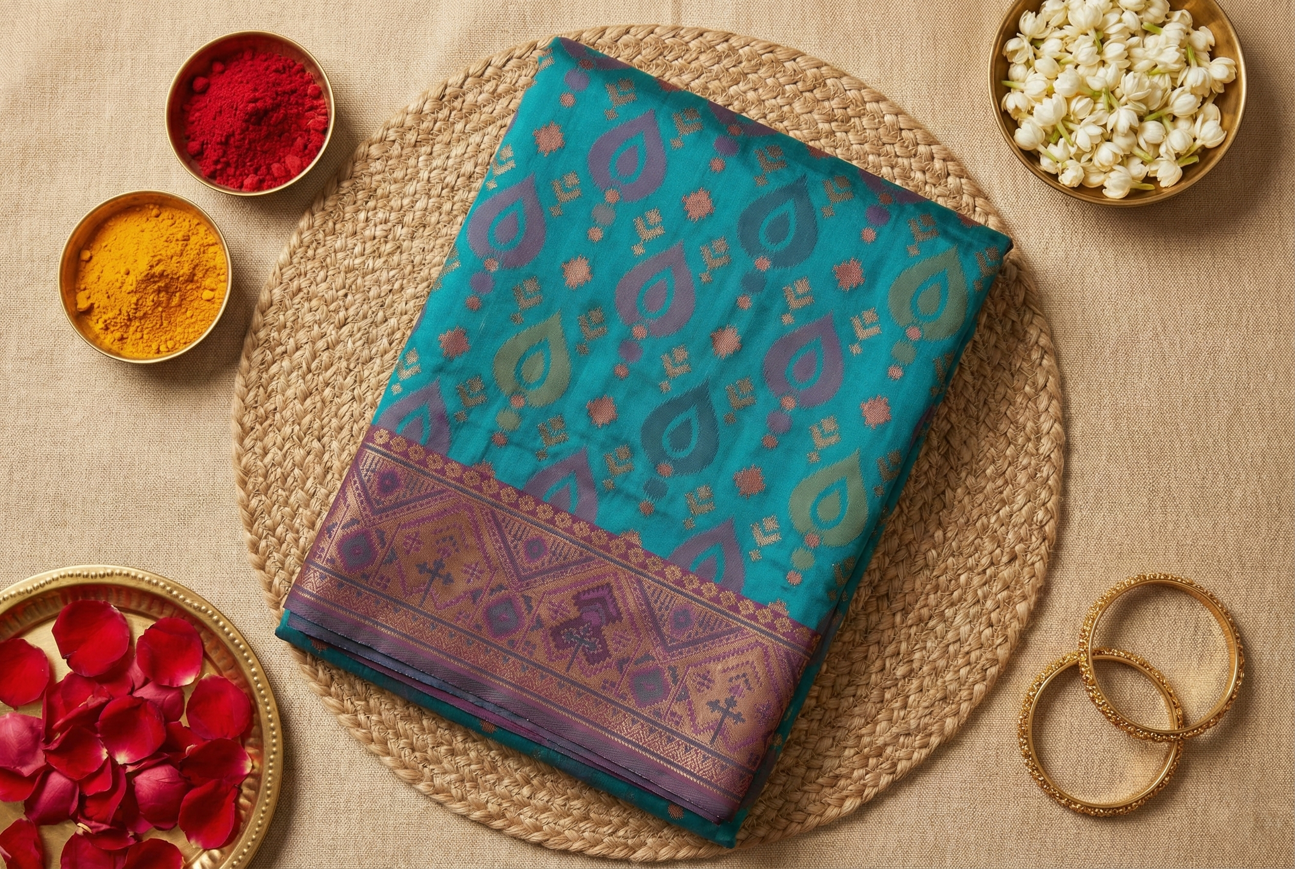Turquoise Blue & Purple Pochampally Ikkat Silk Saree