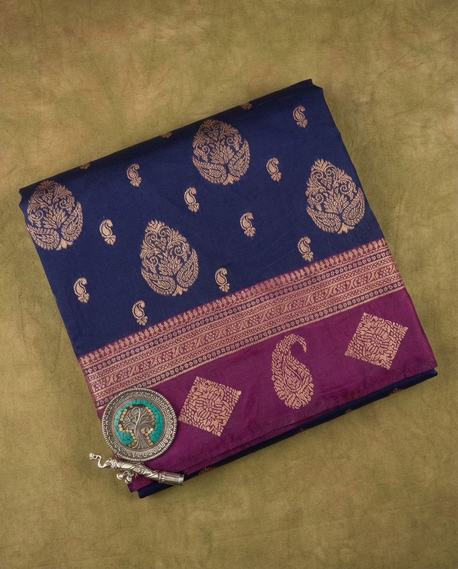 Navy Blue & Magenta Resham Silk Saree With Zari Border - No. AA2602