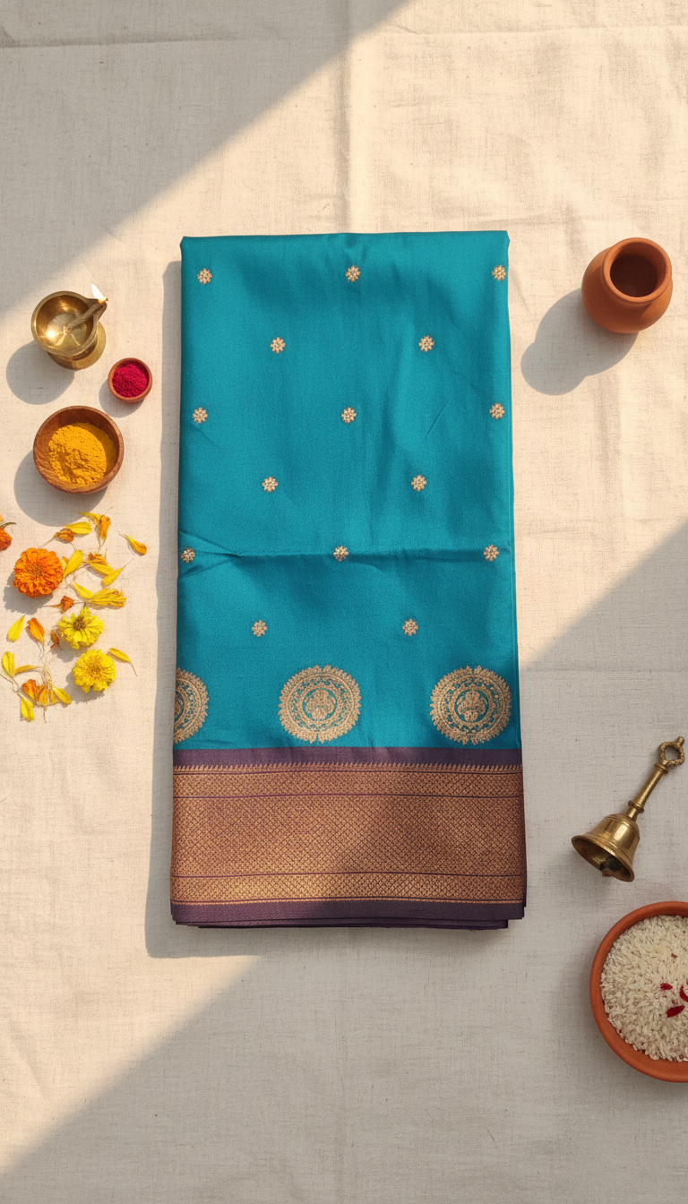 Teal Blue & Copper Paithani Soft Silk Saree