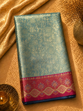 Steel Blue Soft Silk Kanjivaram Saree with Magenta Floral Medallion Border
