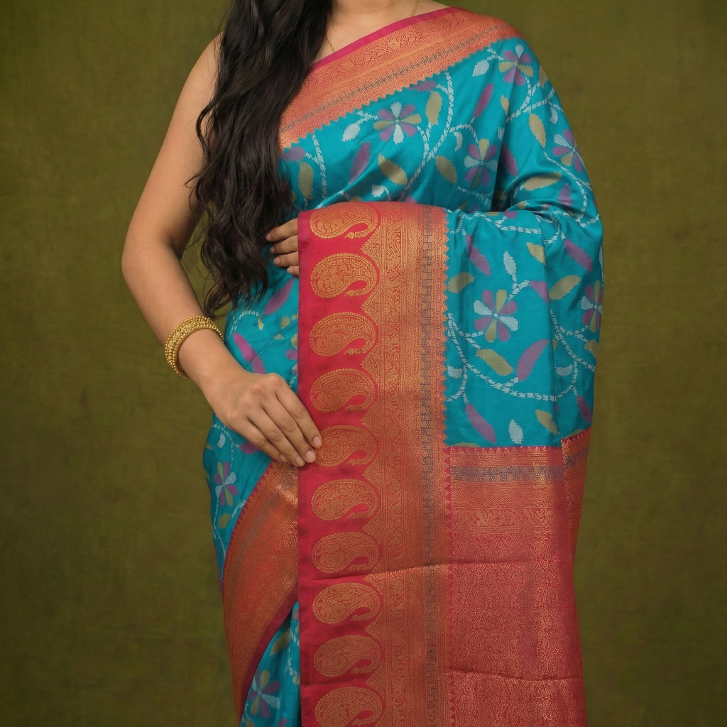 Emerald Green & Red Ikkat Woven Soft Silk Saree