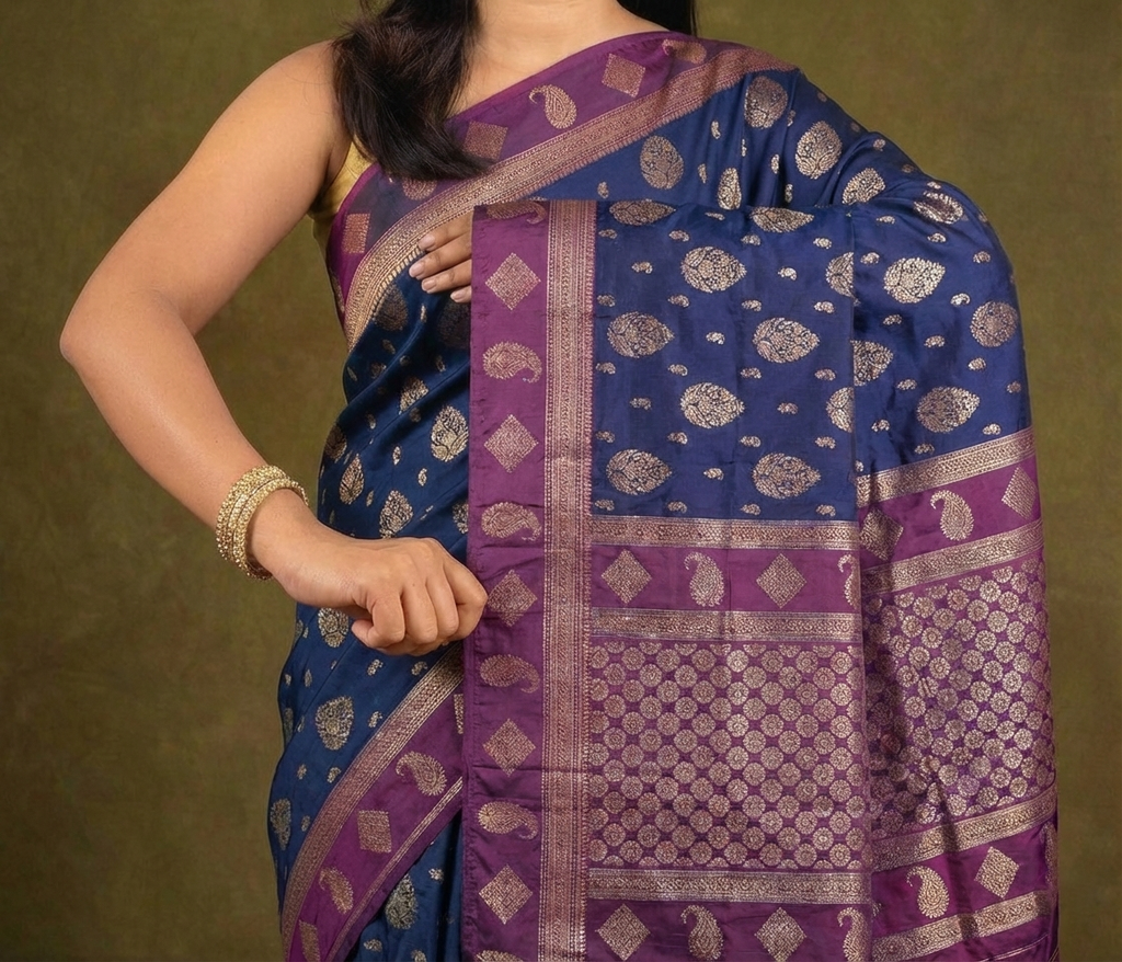 Navy Blue & Magenta Resham Silk Saree With Zari Border - No. AA2602