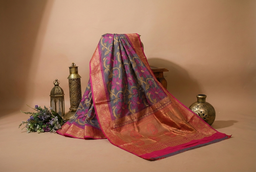 PI 04 Smoky Grey & Red Zari Floral Silk Saree