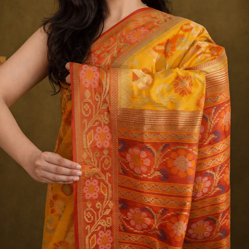 Mustard Yellow & Red Border Pochampally Ikat Soft Silk Saree