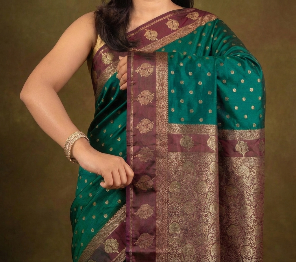 Elegant Bottle Green Resham Silk Saree with Antique Zari Border