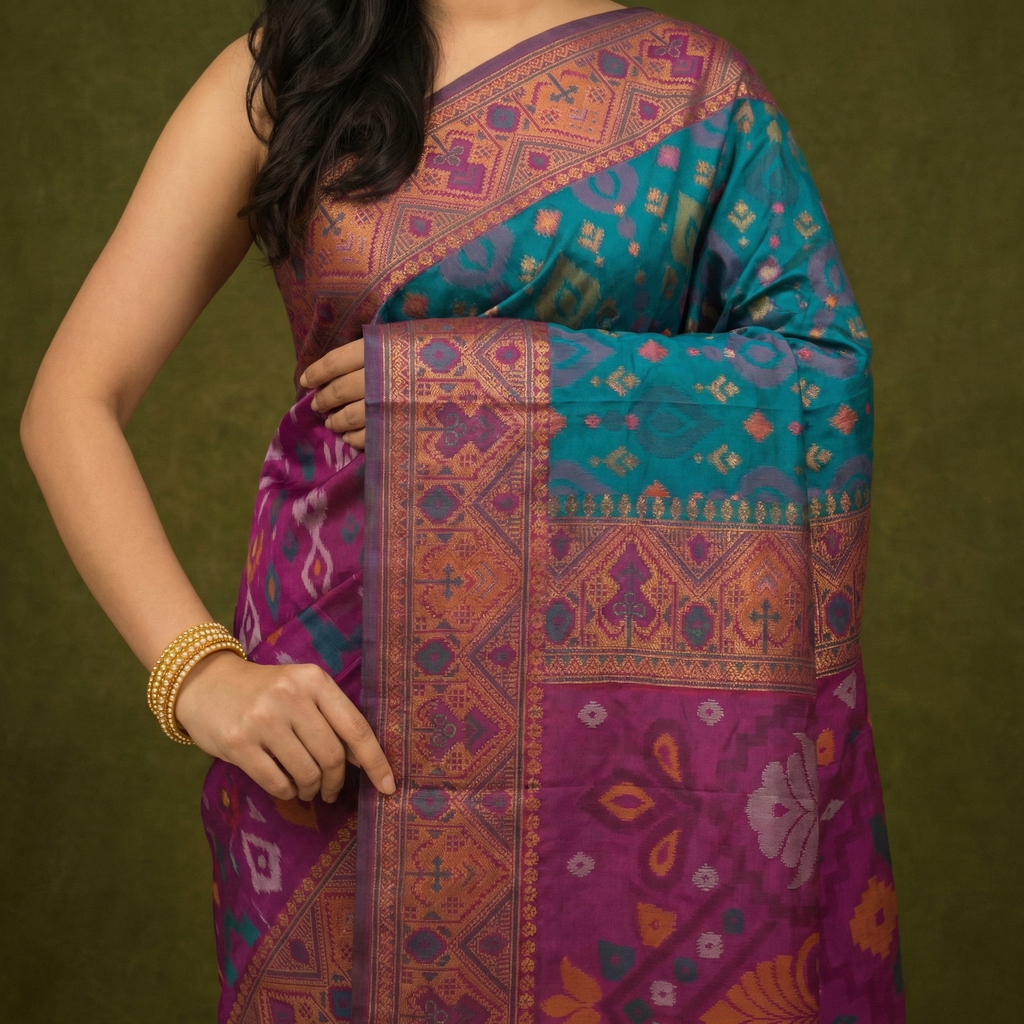 Turquoise Blue & Purple Pochampally Ikkat Silk Saree