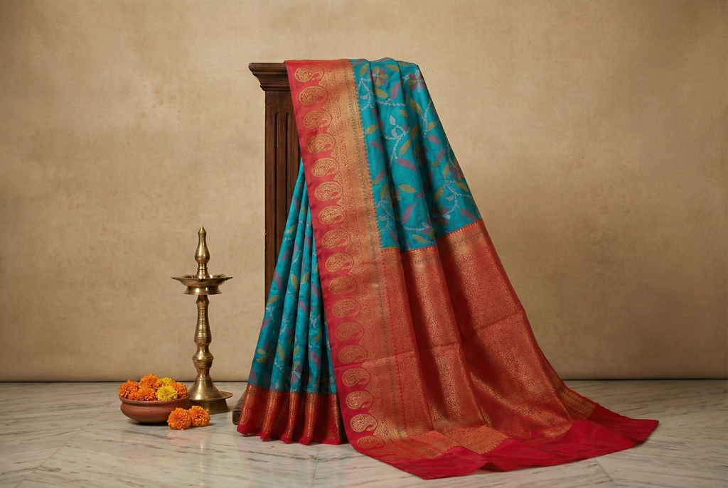 Emerald Green & Red Ikkat Woven Soft Silk Saree