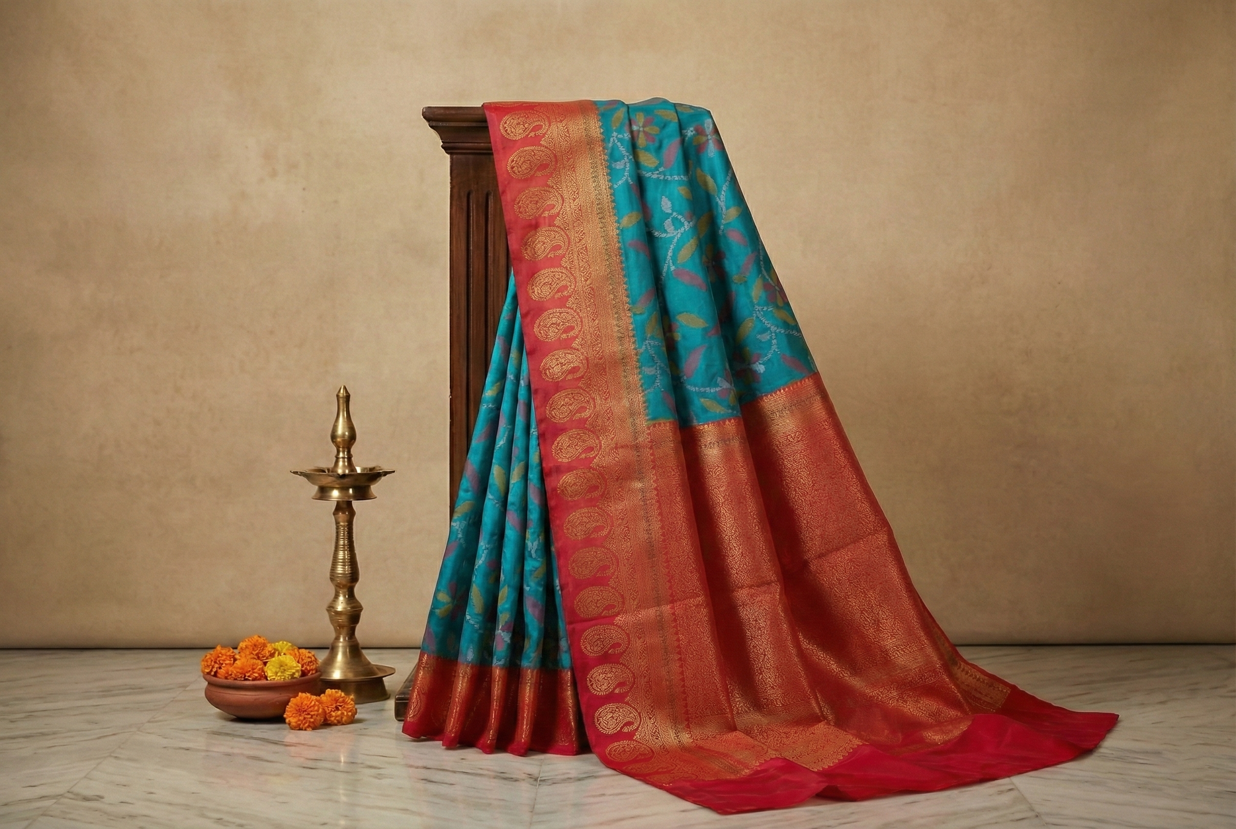 Emerald Green & Red Ikkat Woven Soft Silk Saree
