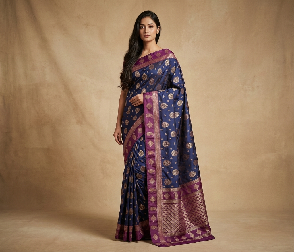 Navy Blue & Magenta Resham Silk Saree With Zari Border - No. AA2602