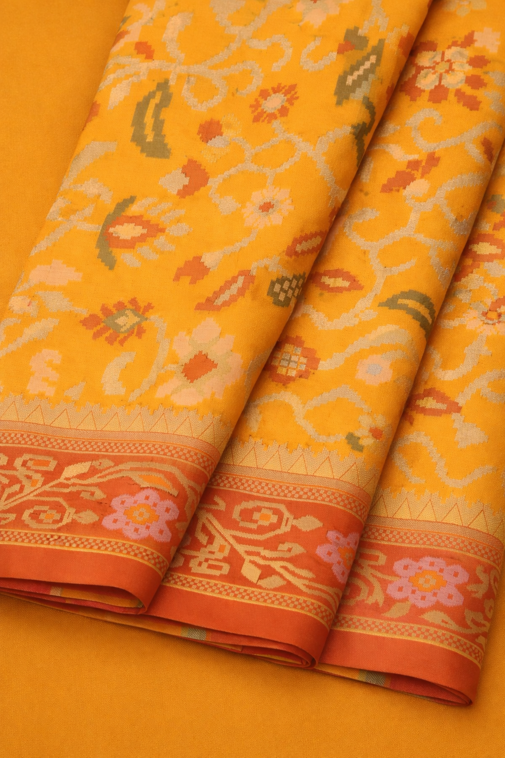 Mustard Yellow & Red Border Pochampally Ikat Soft Silk Saree