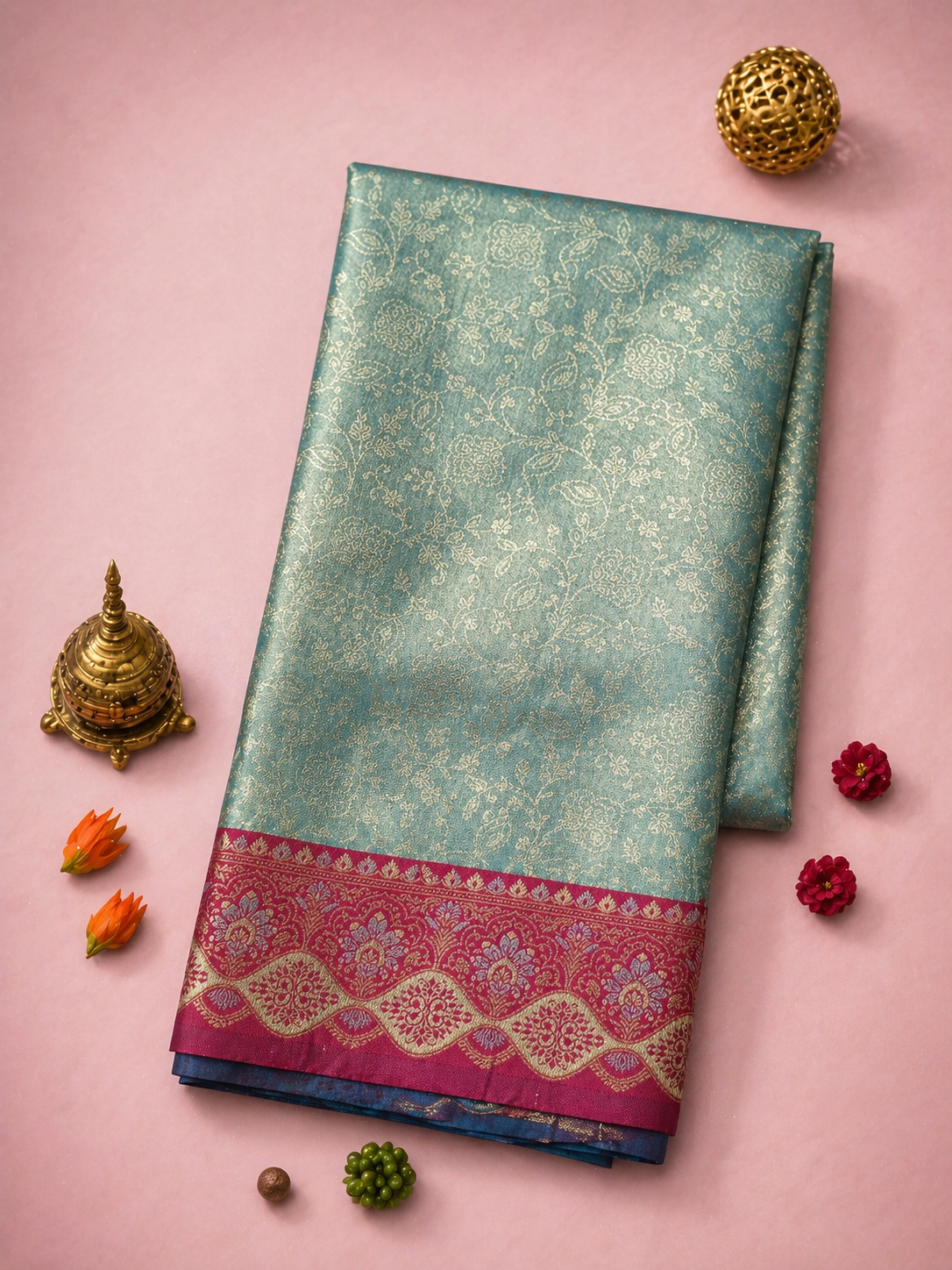 Steel Blue Soft Silk Kanjivaram Saree with Magenta Floral Medallion Border