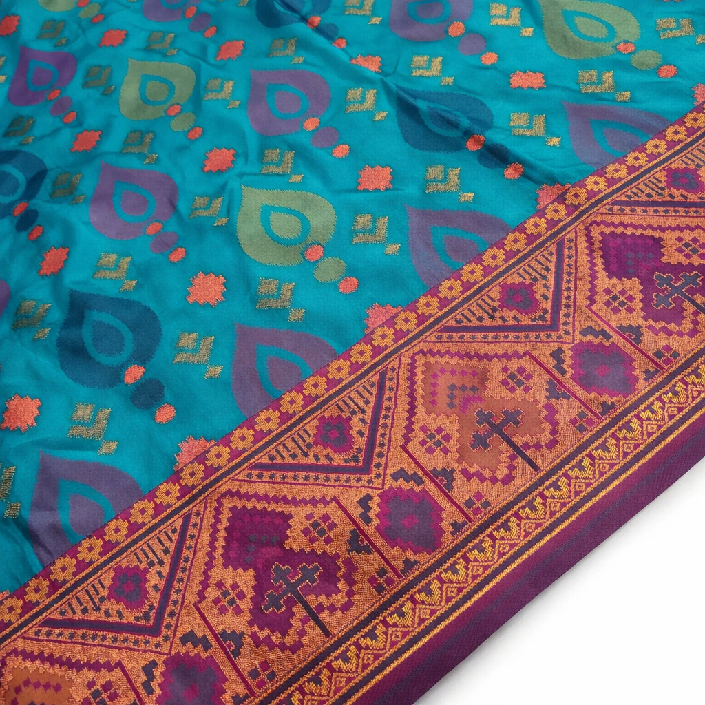 Turquoise Blue & Purple Pochampally Ikkat Silk Saree