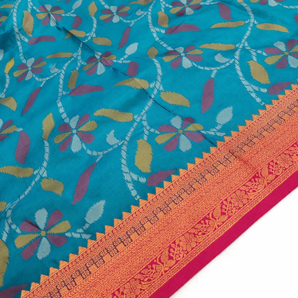 Emerald Green & Red Ikkat Woven Soft Silk Saree