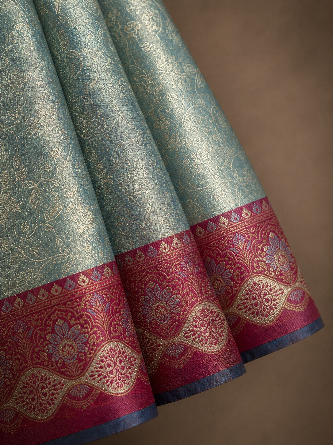 Steel Blue Soft Silk Kanjivaram Saree with Magenta Floral Medallion Border