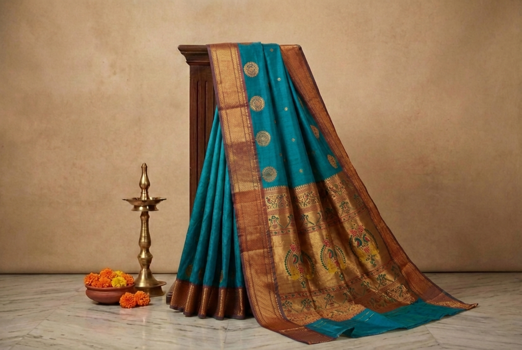 Teal Blue & Copper Paithani Soft Silk Saree