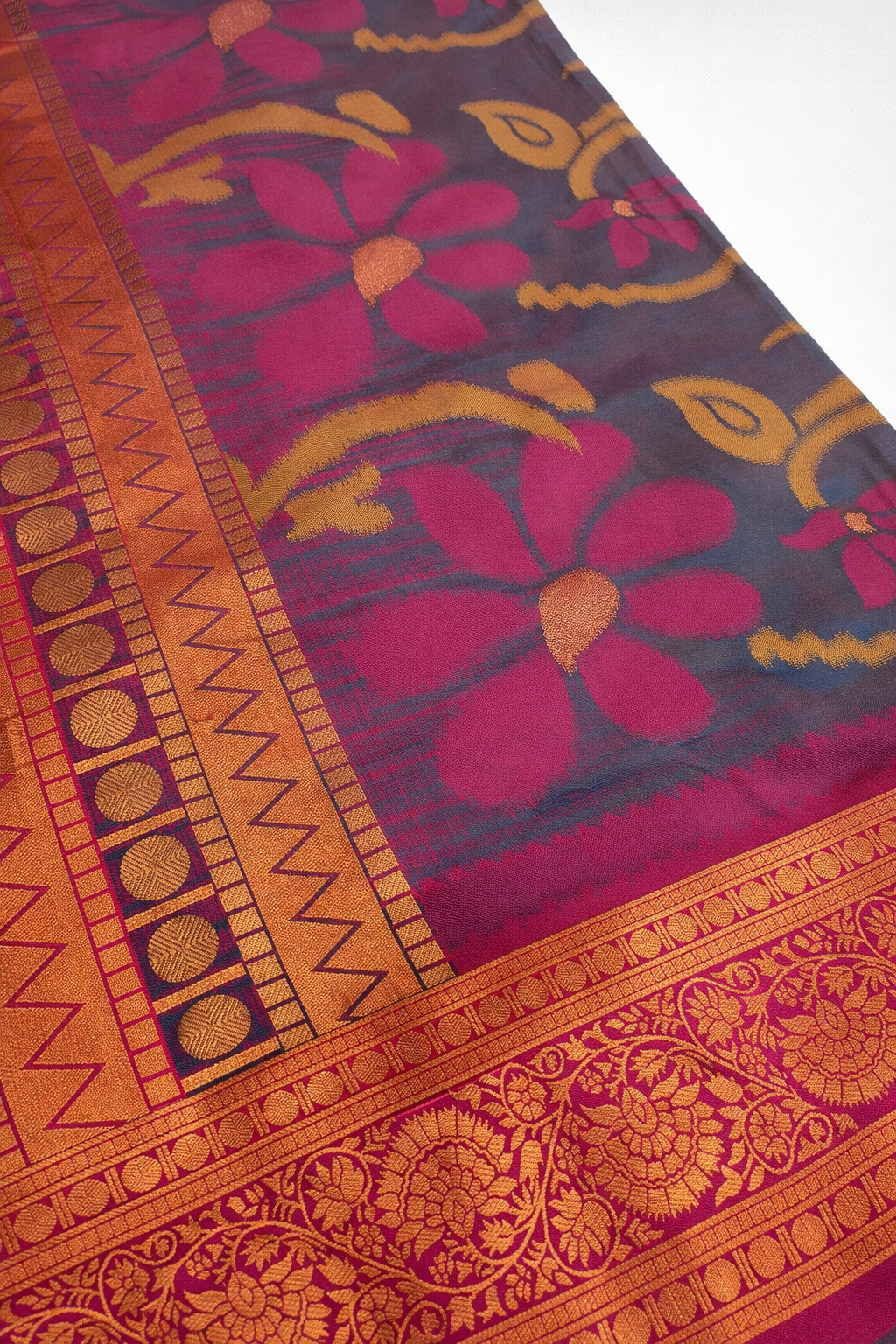 PI 04 Smoky Grey & Red Zari Floral Silk Saree