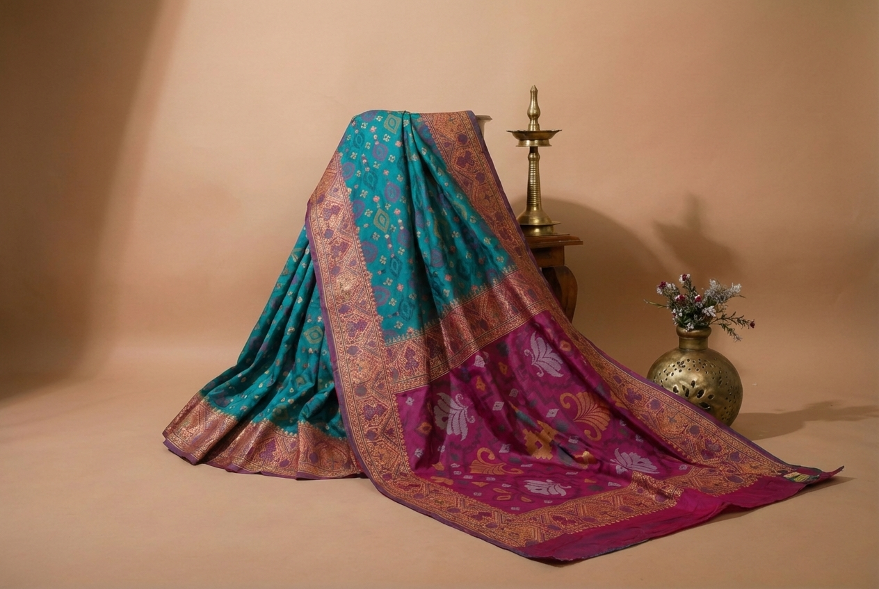 Turquoise Blue & Purple Pochampally Ikkat Silk Saree