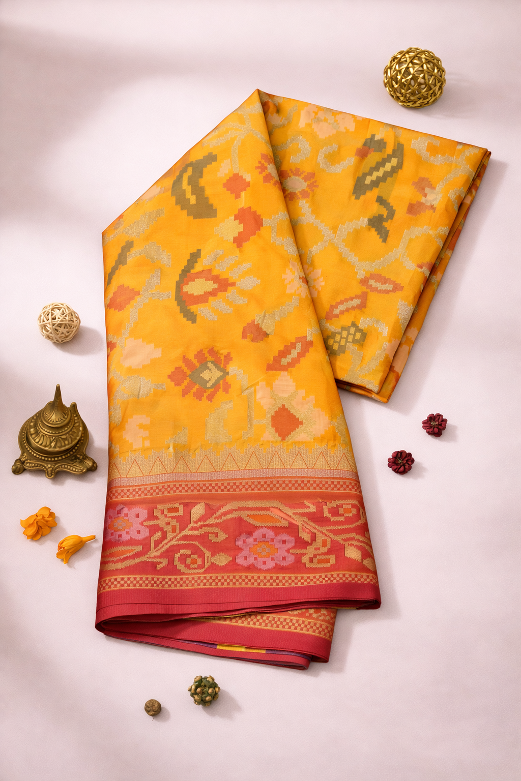 Mustard Yellow & Red Border Pochampally Ikat Soft Silk Saree