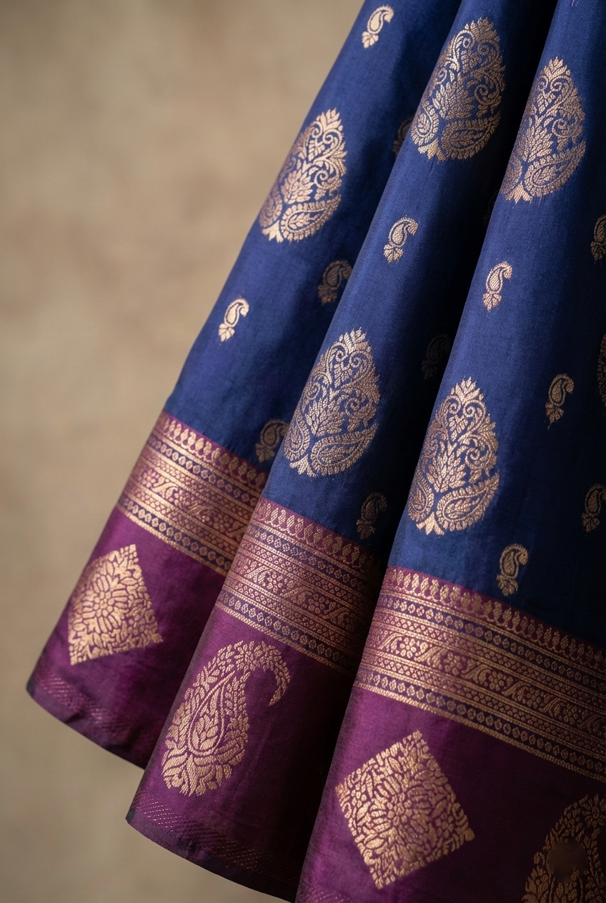 Navy Blue & Magenta Resham Silk Saree With Zari Border - No. AA2602
