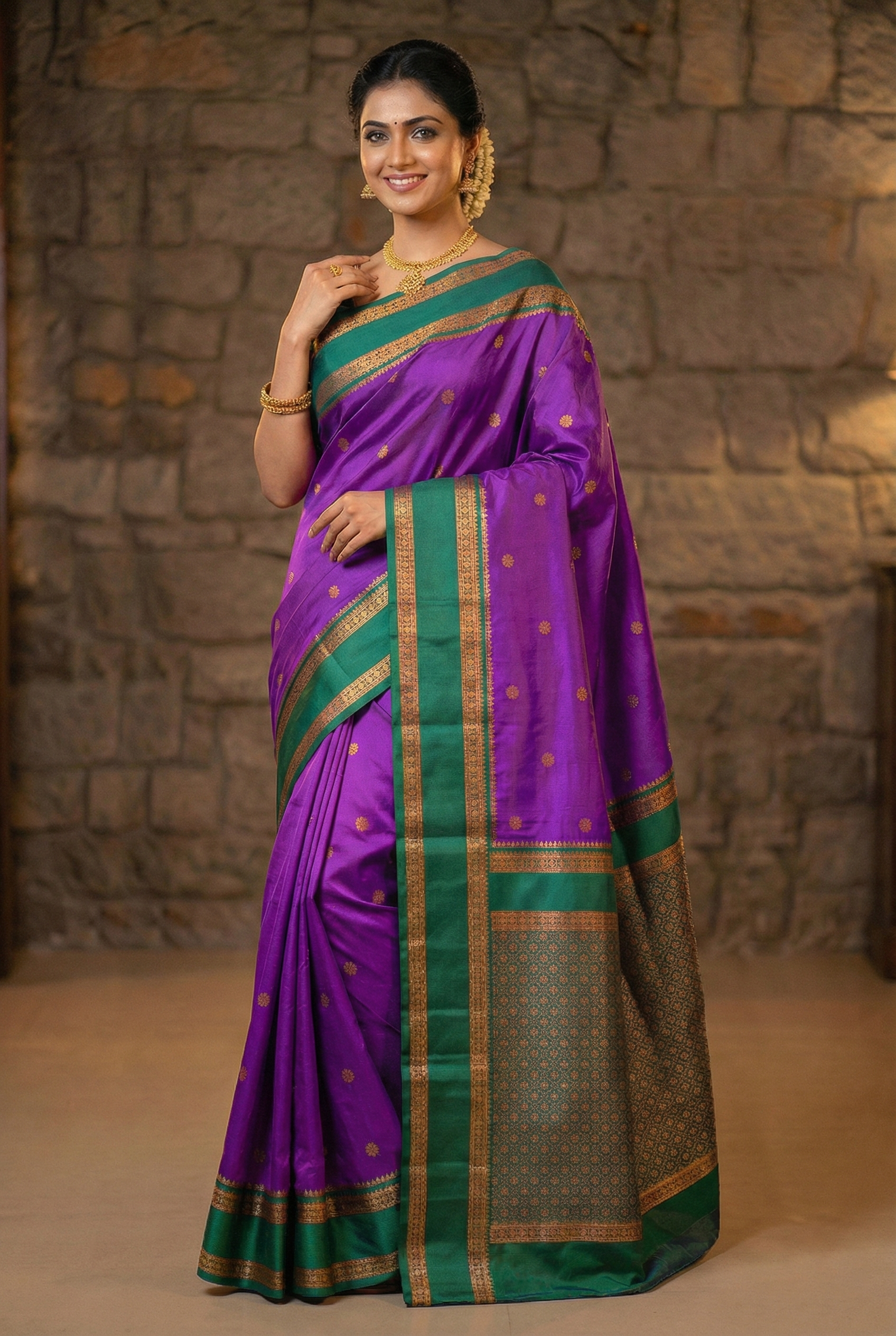 Violet & Green Narayan Peth Soft Silk Saree