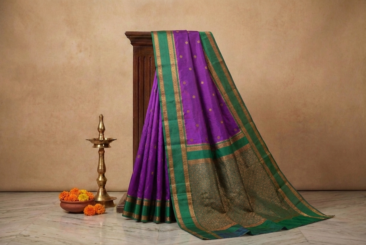Violet & Green Narayan Peth Soft Silk Saree