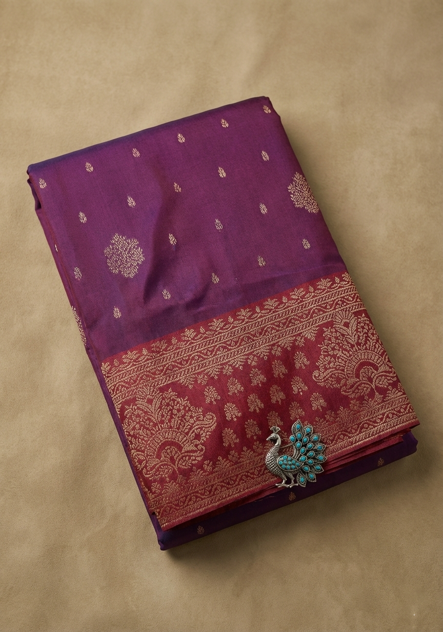 Wine Purple & Red Resham Kanjivaram Silk Saree With Traditional Zari Border - No. AA2602