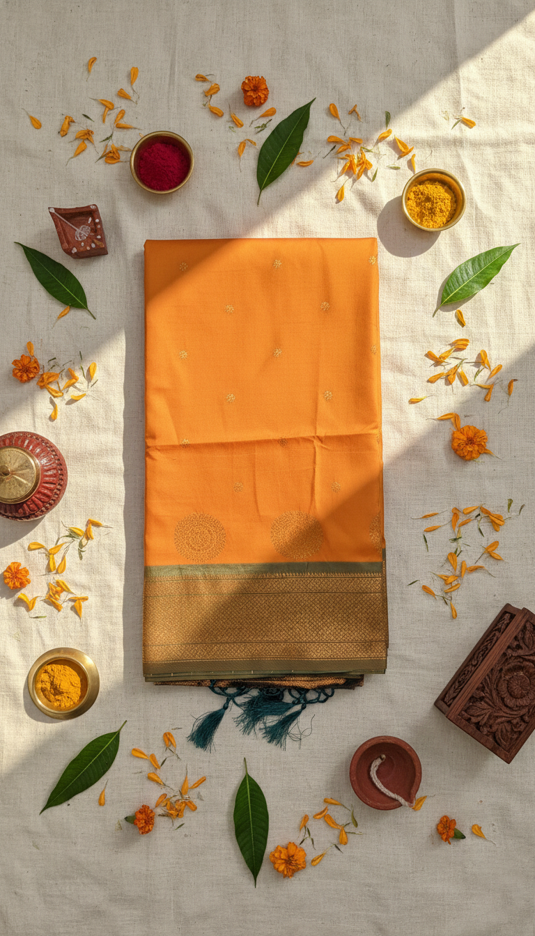 Mustard Orange & Green Paithani Soft Silk Saree
