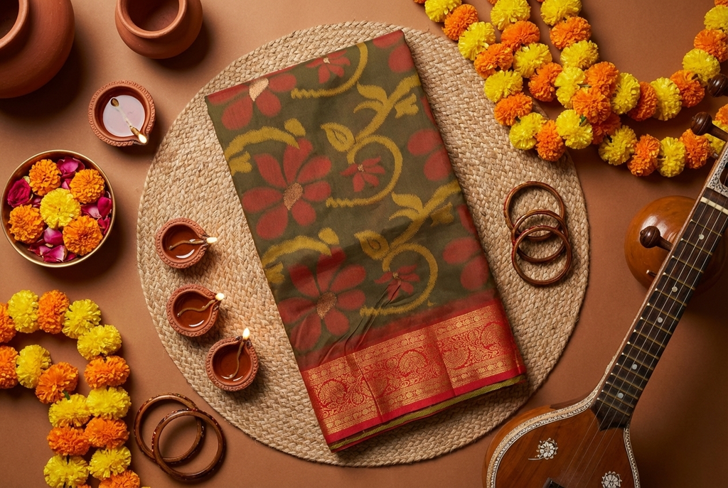 PI 03 Olive Green & Red Zari Floral Silk Saree