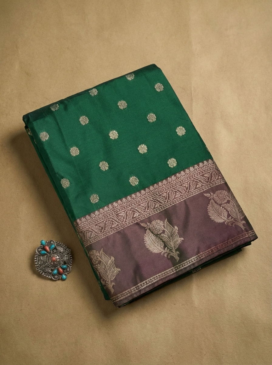 Elegant Bottle Green Resham Silk Saree with Antique Zari Border Round Butta