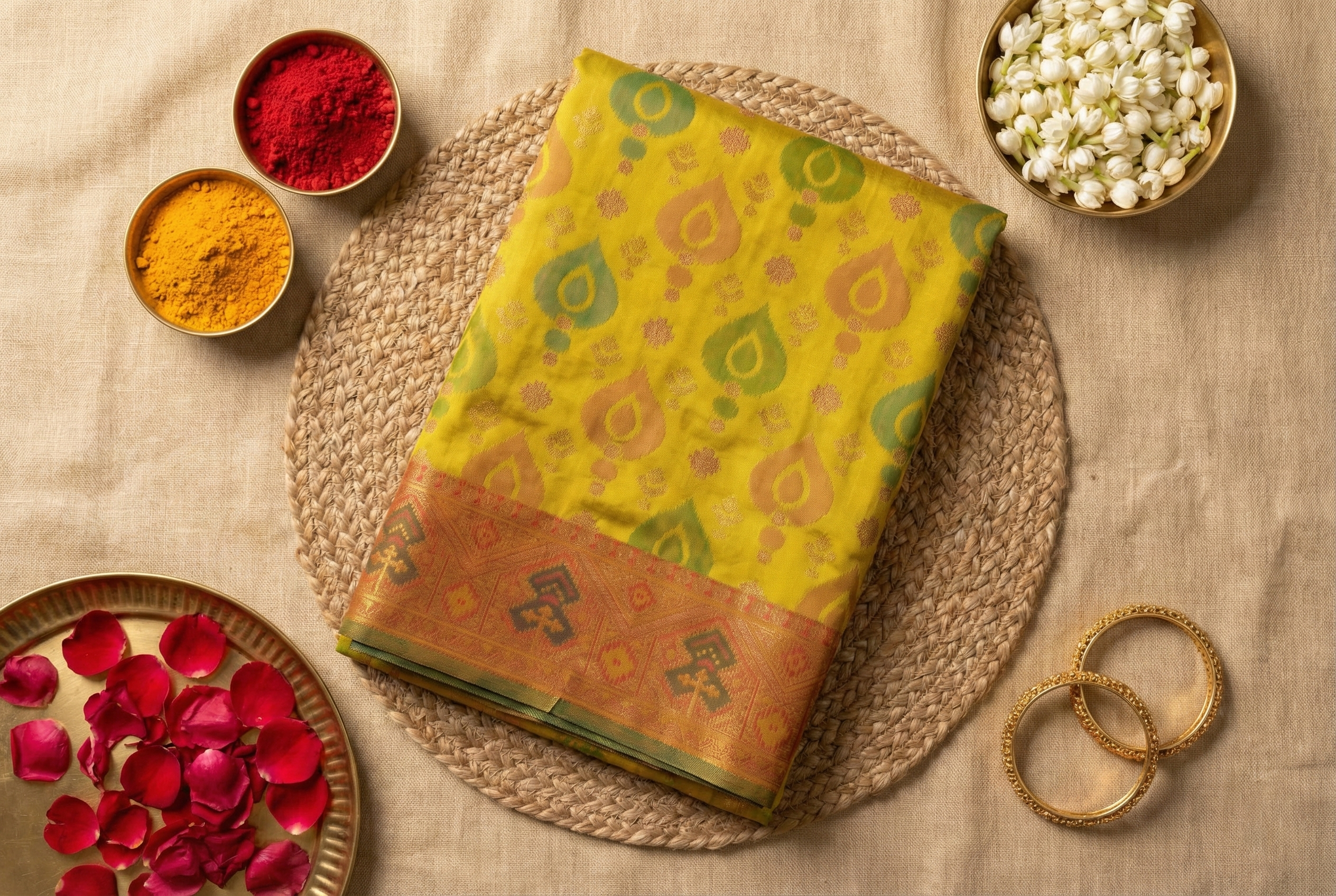Sunshine Yellow & Gold Pochampally Ikkat Silk Saree