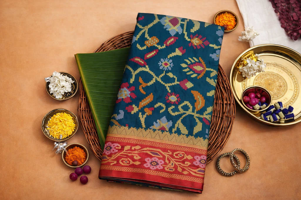 Peacock Blue & Red Border Pochampally Ikat Soft Silk Saree