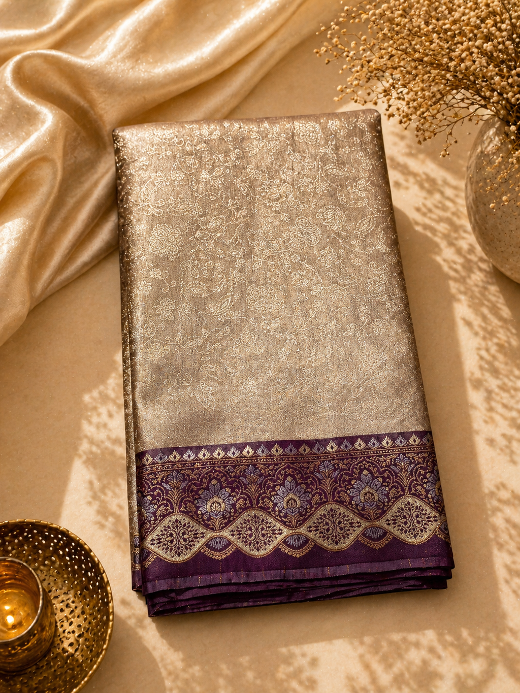 Silver-Beige Soft Silk Kanjivaram Saree with Deep Purple Floral Medallion Border