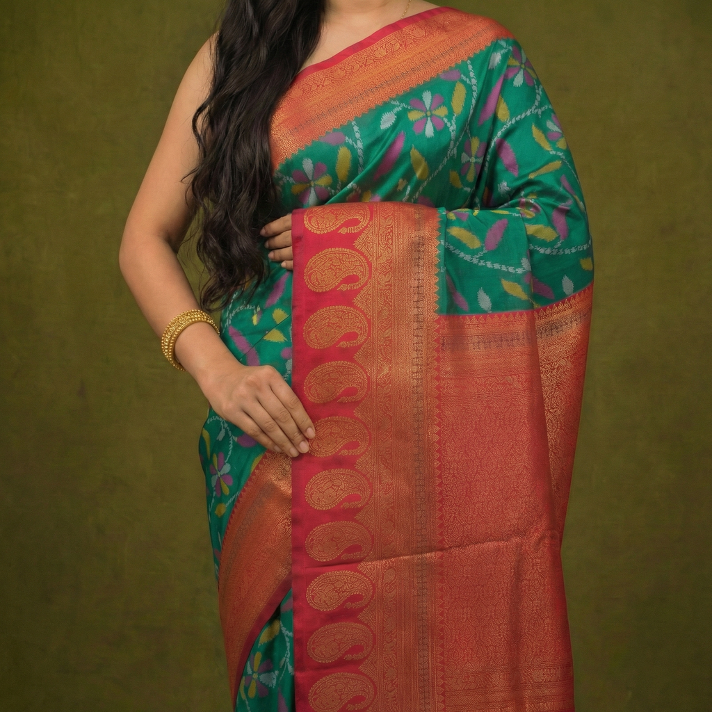 Bright Teal & Red Ikkat Woven Soft Silk Saree