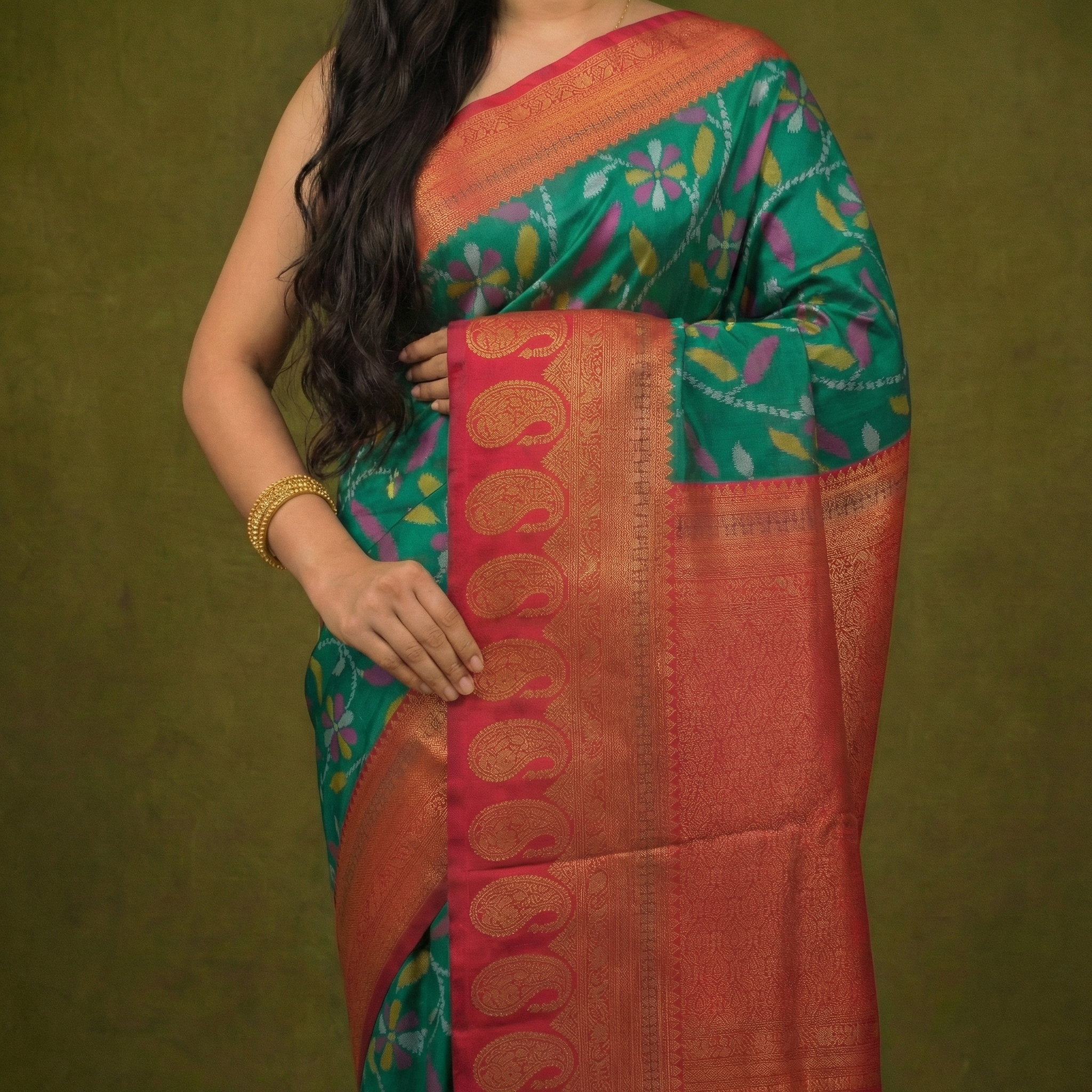 Bright Teal & Red Ikkat Woven Soft Silk Saree
