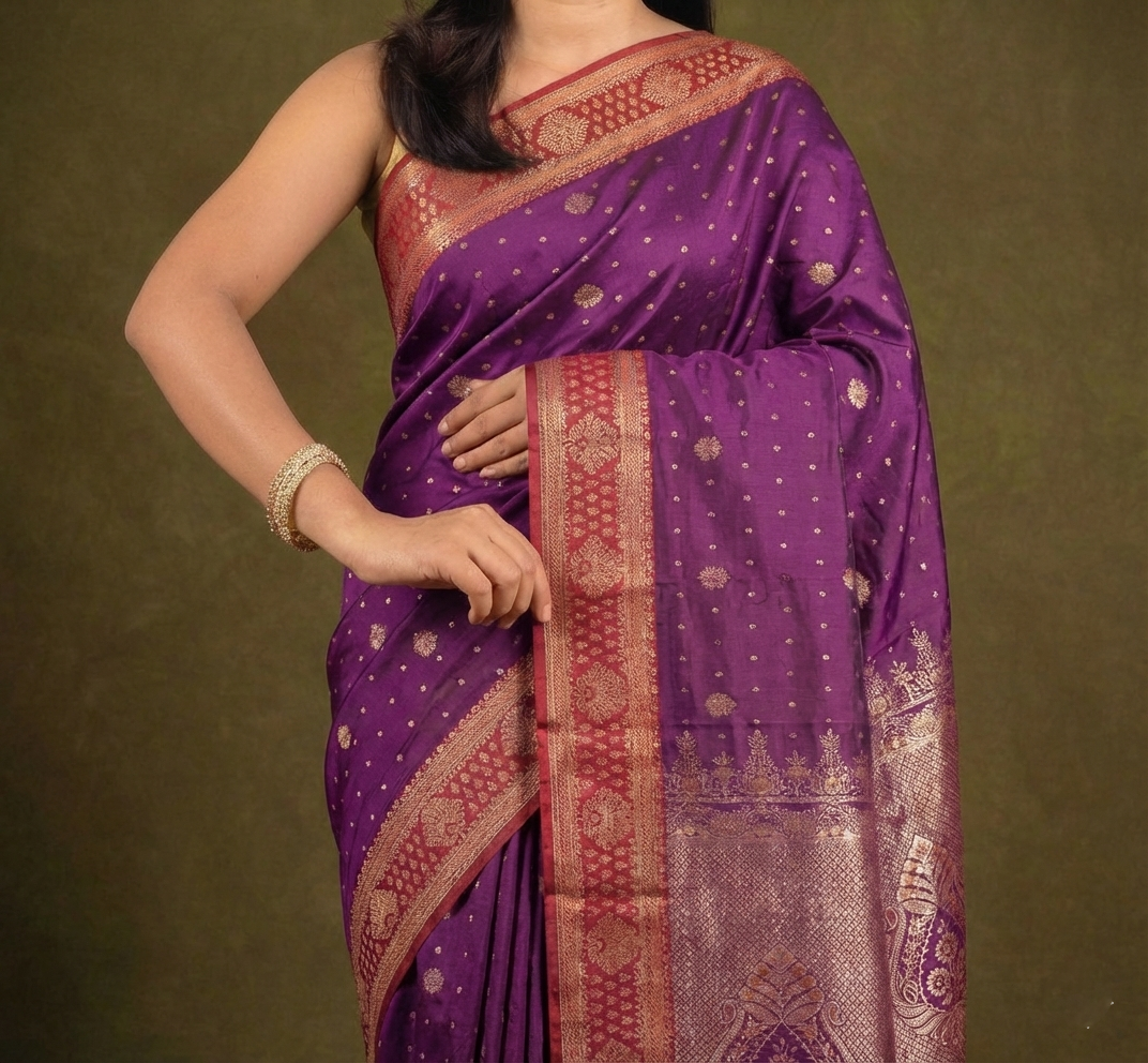 Wine Purple & Red Resham Kanjivaram Silk Saree With Traditional Zari Border - No. AA2602