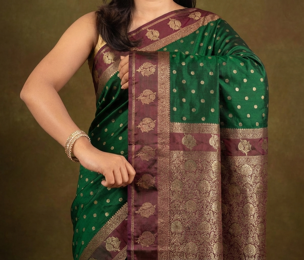 Elegant Bottle Green Resham Silk Saree with Antique Zari Border Round Butta