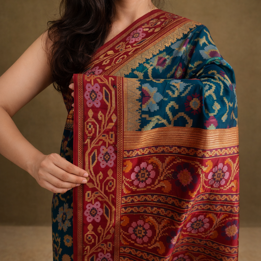 Peacock Blue & Red Border Pochampally Ikat Soft Silk Saree