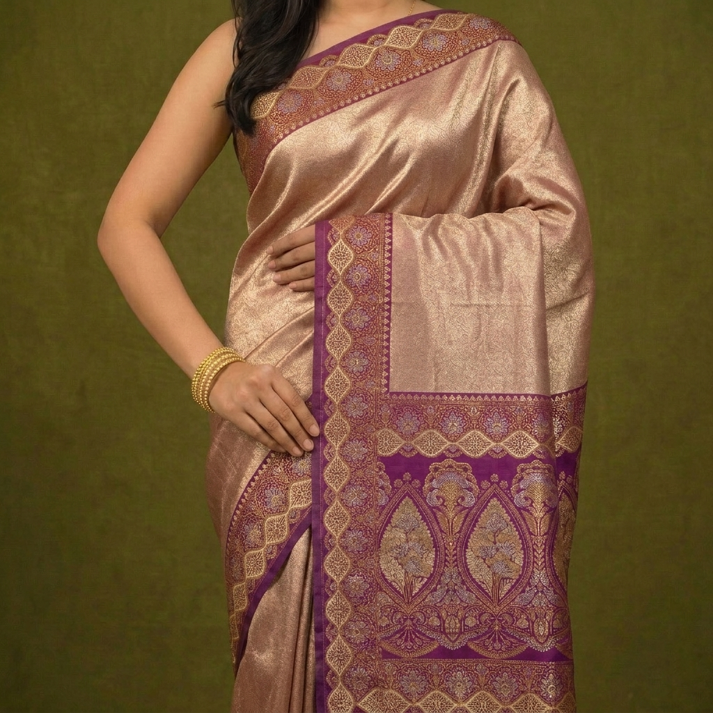 Silver-Beige Soft Silk Kanjivaram Saree with Deep Purple Floral Medallion Border